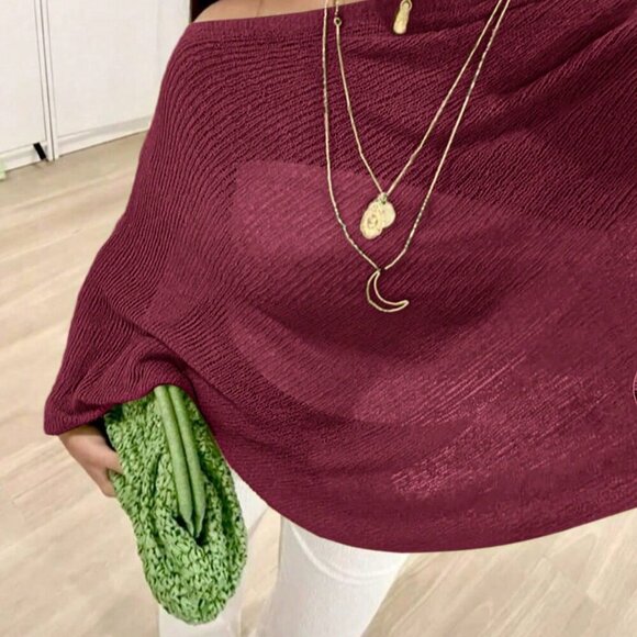 Burgundy Elegant Women's oversized Loose Knit Shawl poncho top - Picture 5 of 6